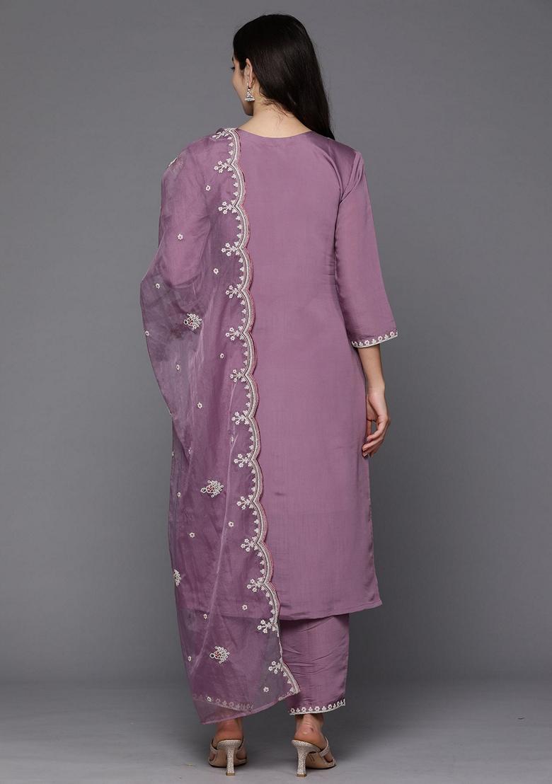 Lavender Embroidered Silk Blend Salwar Kameez With Dupatta