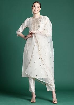 Off White Embroidered Liva Salwar Kameez With Dupatta
