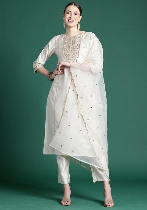 Off White Embroidered Liva Salwar Kameez With Dupatta