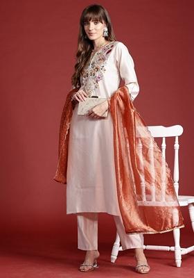 Off White Embroidered Liva Salwar Kameez With Dupatta