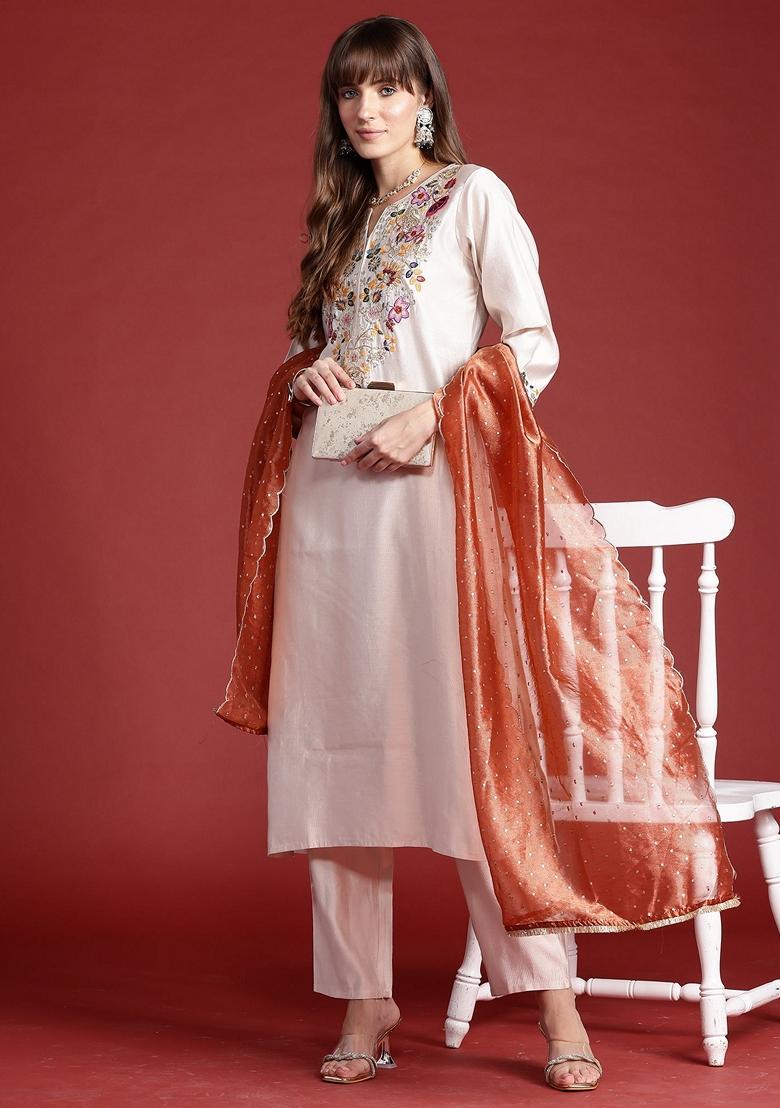 Off White Embroidered Liva Salwar Kameez With Dupatta