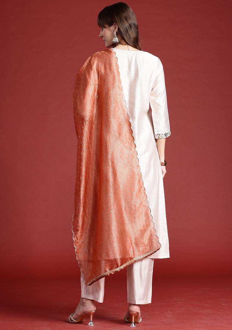 Off White Embroidered Liva Salwar Kameez With Dupatta
