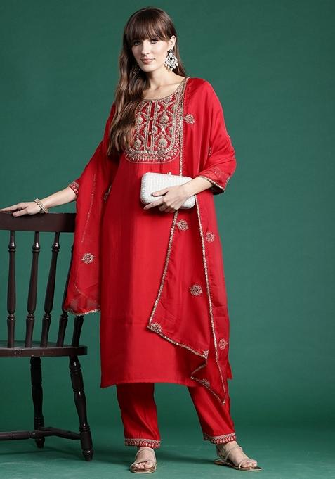 Red Embroidered Liva Salwar Kameez With Dupatta