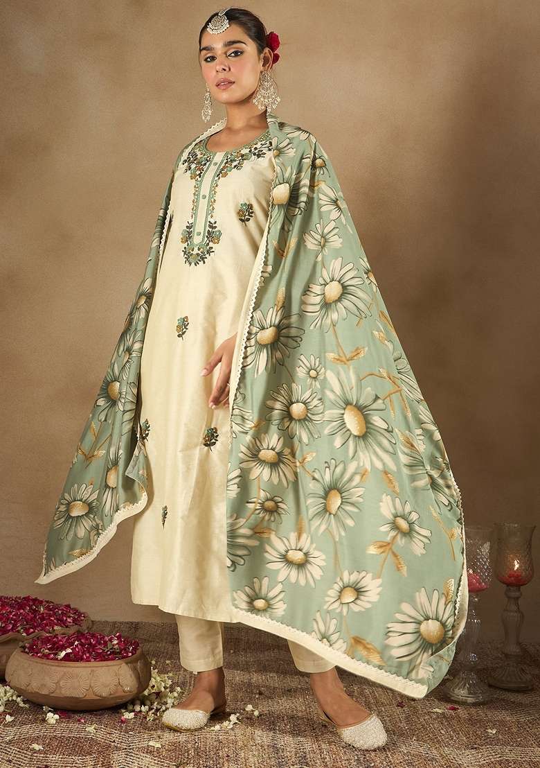 Cream Embroidered Blended Straight Kurta Set - Indya