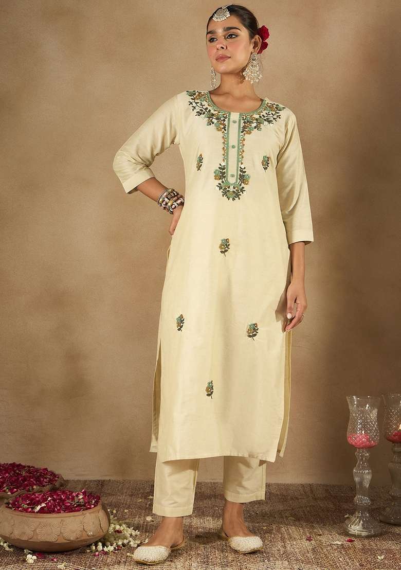 Cream Embroidered Blended Straight Kurta Set - Indya