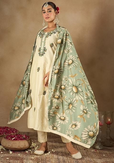 Cream Embroidered Silk Blend Salwar Kameez With Dupatta