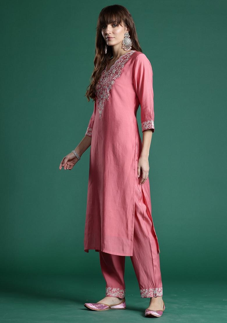 Pink Embroidered Liva Salwar Kameez With Dupatta