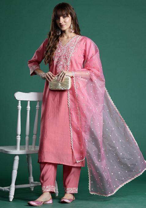 Pink Embroidered Liva Salwar Kameez With Dupatta