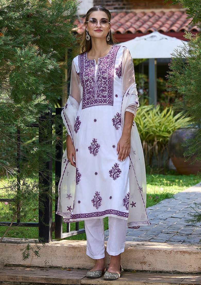 White Embroidered Organza Straight Kurta Set - Indya
