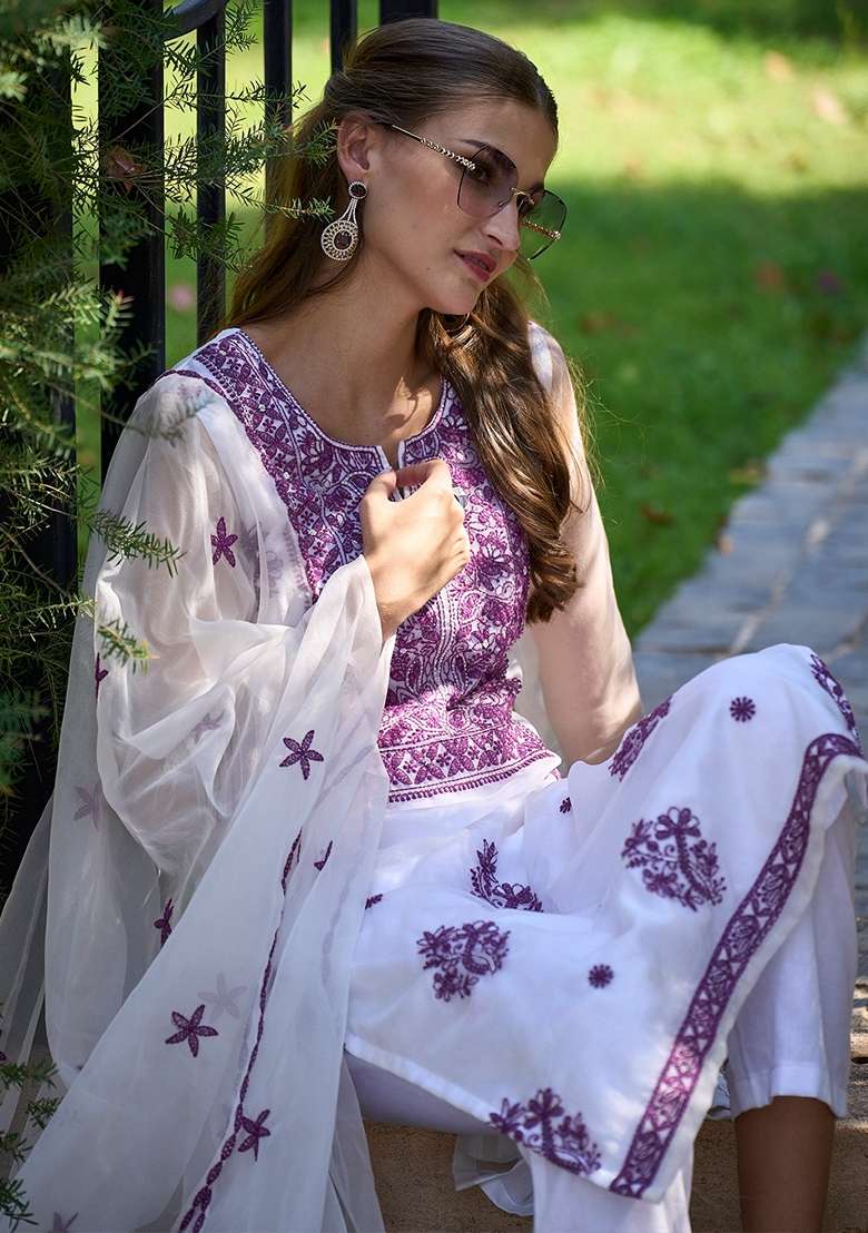 White Embroidered Organza Straight Kurta Set - Indya
