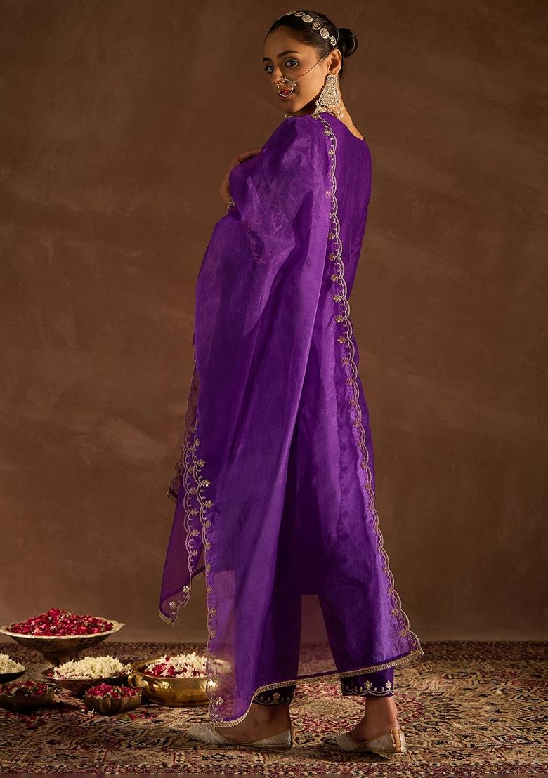 Purple Embroidered Silk Blend Salwar Kameez With Dupatta