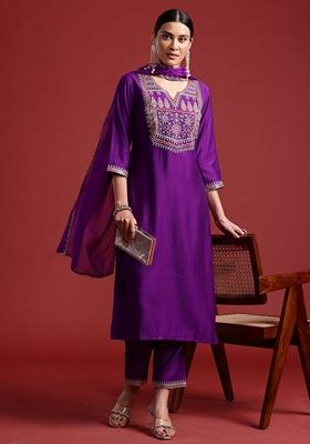 Purple Embroidered Liva Salwar Kameez With Dupatta