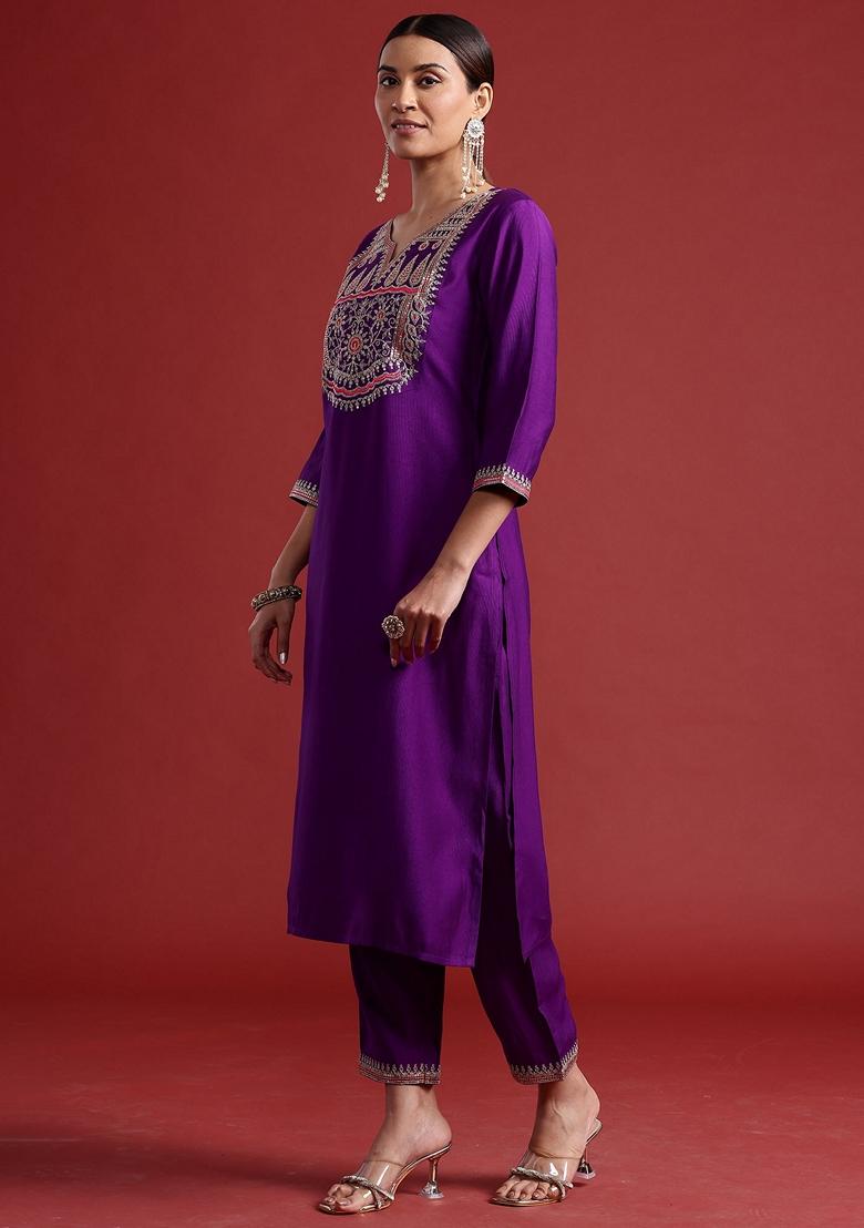 Purple Embroidered Liva Salwar Kameez With Dupatta