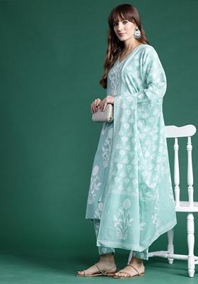 Sea Green Printed Pure Cotton Salwar Kameez With Dupatta