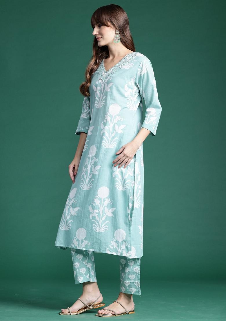 Sea Green Printed Pure Cotton Salwar Kameez With Dupatta