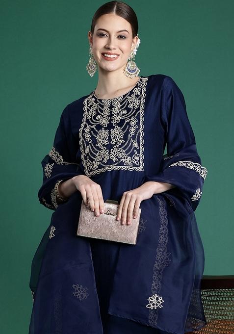 Blue Embroidered Silk Blend Salwar Kameez With Dupatta