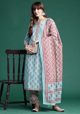 Turquoise Blue Printed Pure Cotton Salwar Kameez With Dupatta