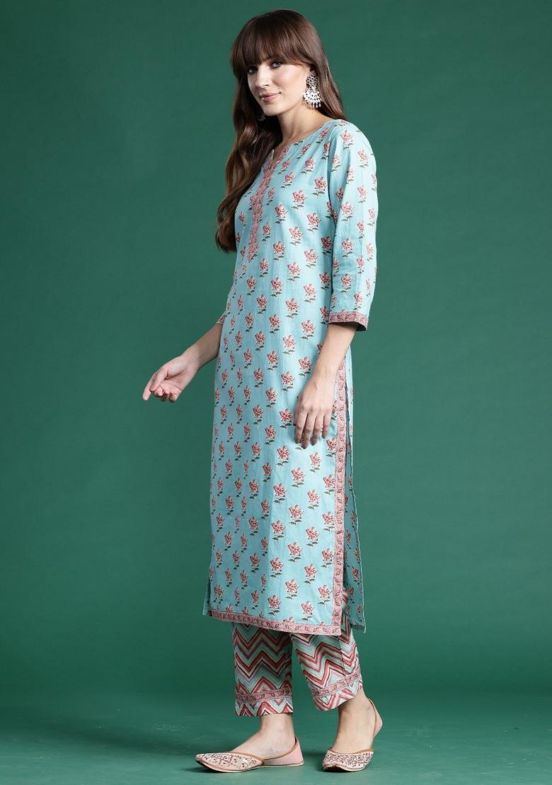 Turquoise Blue Printed Pure Cotton Salwar Kameez With Dupatta