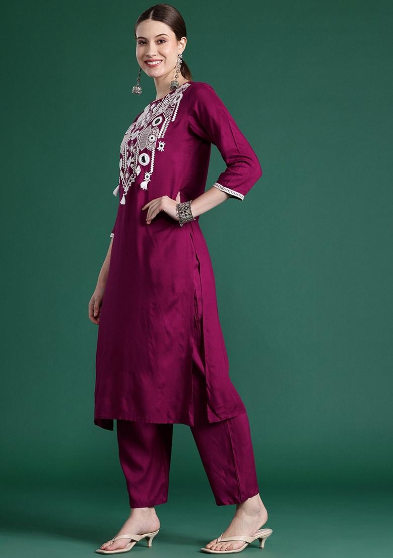 Burgundy Embroidered Rayon Salwar Kameez With Dupatta