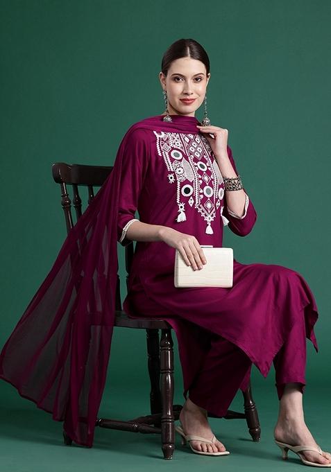 Burgundy Embroidered Rayon Salwar Kameez With Dupatta
