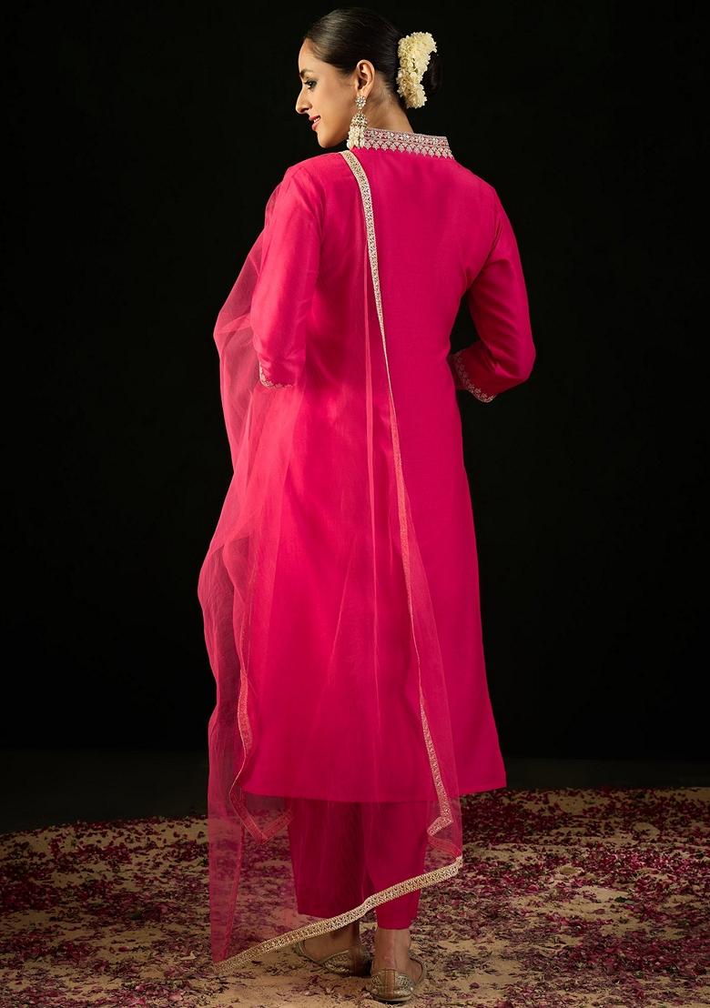 Magenta Embroidered Silk Blend Salwar Kameez With Dupatta