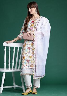 Off White Printed Pure Cotton Salwar Kameez With Dupatta