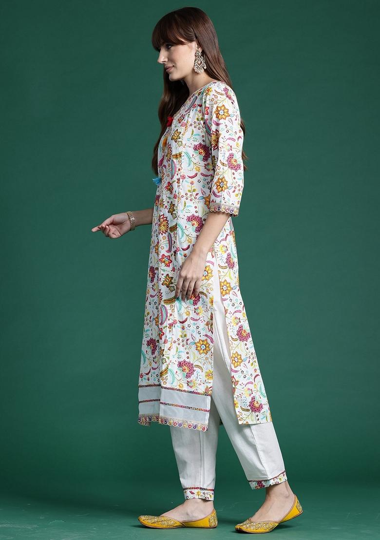 Off White Printed Pure Cotton Salwar Kameez With Dupatta
