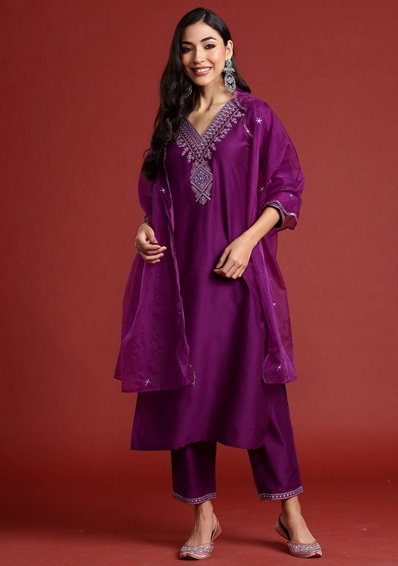 Purple Embroidered Silk Blend Salwar Kameez With Dupatta