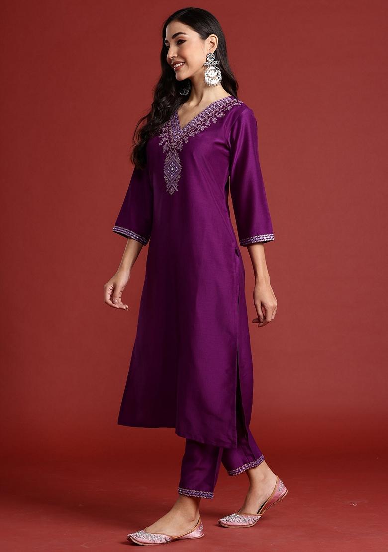 Purple Embroidered Silk Blend Salwar Kameez With Dupatta