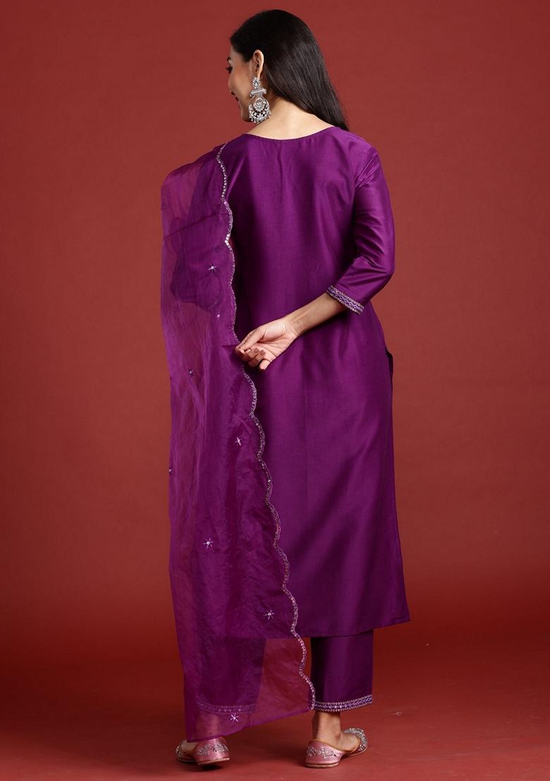 Purple Embroidered Silk Blend Salwar Kameez With Dupatta