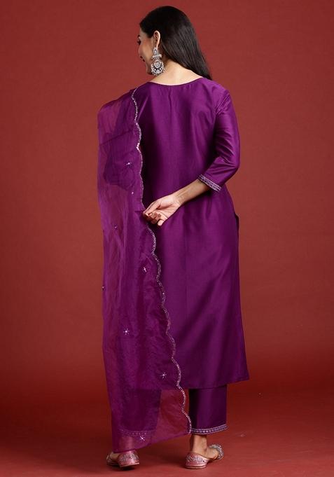 Purple Embroidered Silk Blend Salwar Kameez With Dupatta