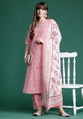 Pink Printed Pure Cotton Salwar Kameez With Dupatta