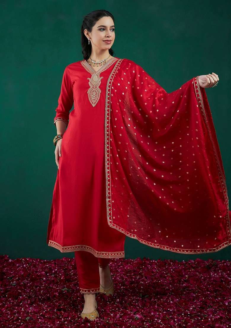 Red Embroidered Blended Straight Kurta Set - Indya