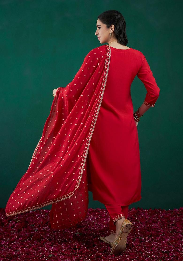 Red Embroidered Silk Blend Salwar Kameez With Dupatta