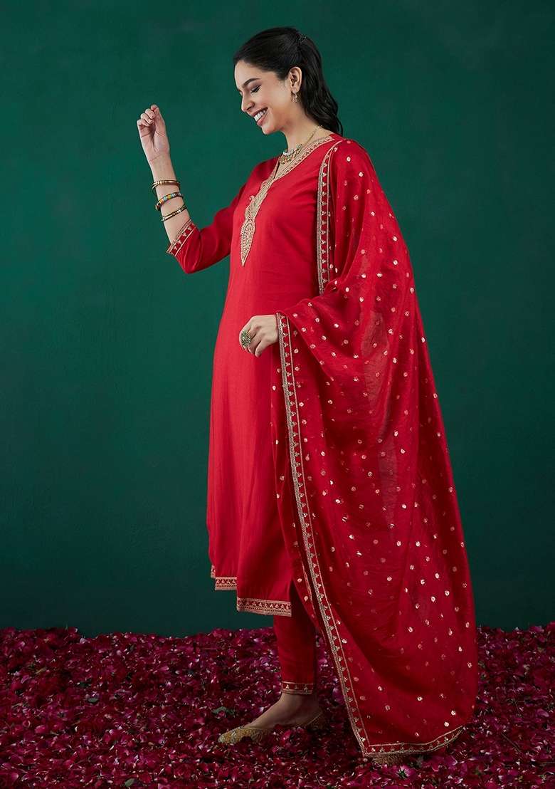 Red Embroidered Blended Straight Kurta Set - Indya