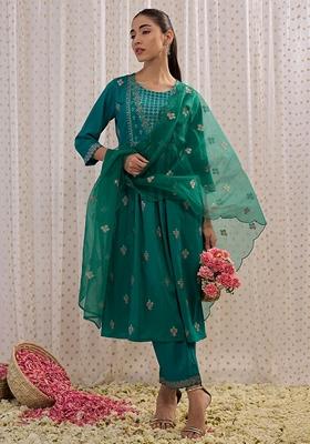 Teal Blue Embroidered Silk Blend Salwar Kameez With Dupatta