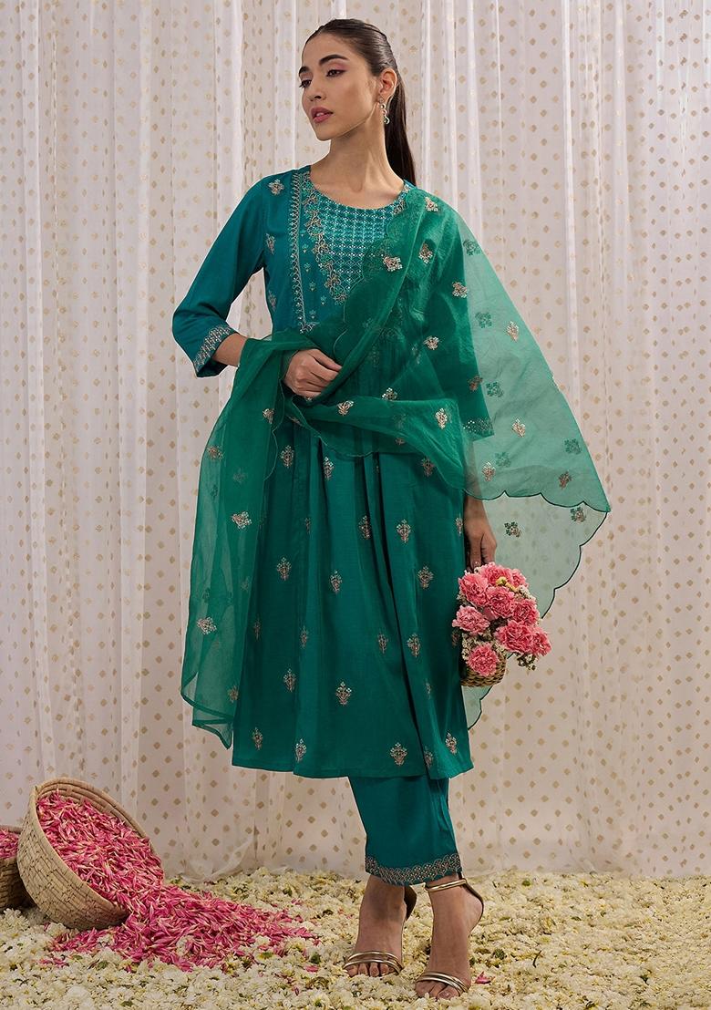 Teal Blue Embroidered Silk Blend Salwar Kameez With Dupatta