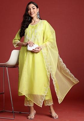 Green Embroidered Liva Salwar Kameez With Dupatta