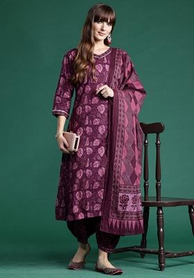 Burgundy Printed Pure Cotton Palazzo Set With Dupatta