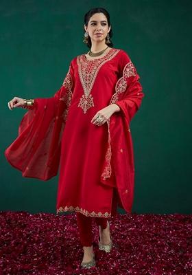 Red Embroidered Silk Blend Salwar Kameez With Dupatta