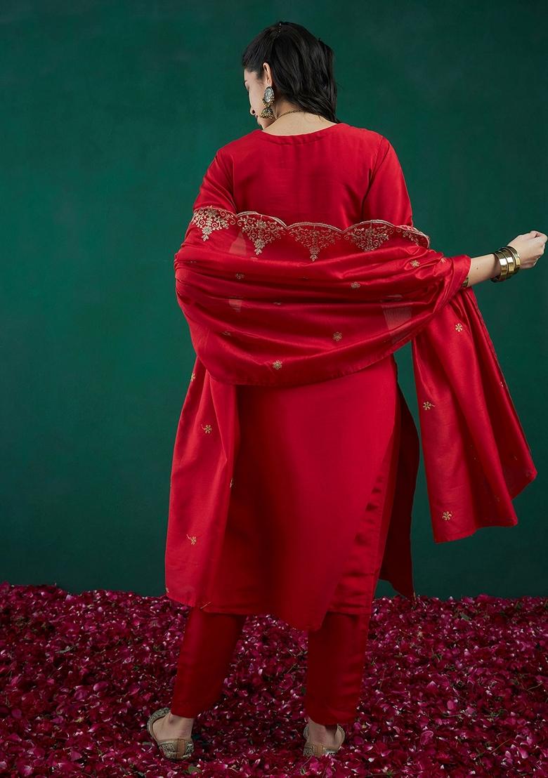 Red Embroidered Silk Blend Salwar Kameez With Dupatta