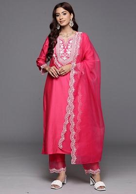 Pink Embroidered Liva Salwar Kameez With Dupatta