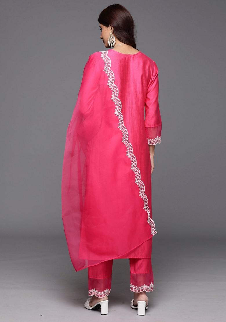 Pink Embroidered Liva Salwar Kameez With Dupatta