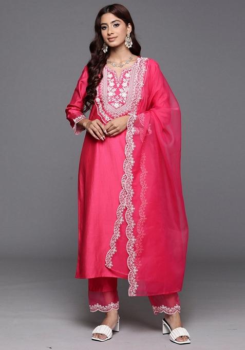 Pink Embroidered Liva Salwar Kameez With Dupatta — view on Indya