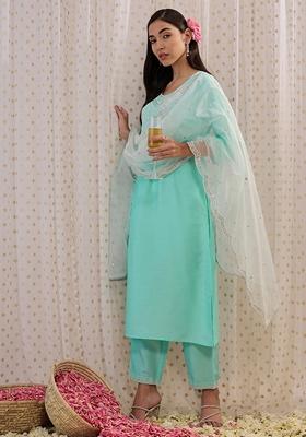 Blue Embroidered Silk Blend Salwar Kameez With Dupatta