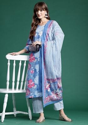 Blue Printed Pure Cotton Salwar Kameez With Dupatta