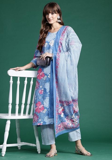 Blue Printed Pure Cotton Salwar Kameez With Dupatta