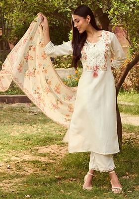 White Embroidered Silk Blend Salwar Kameez With Dupatta