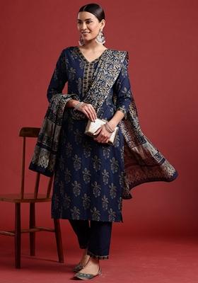 Blue Printed Pure Cotton Salwar Kameez With Dupatta