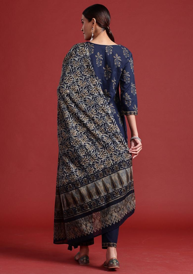 Blue Printed Pure Cotton Salwar Kameez With Dupatta
